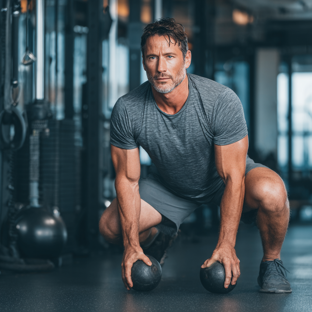 Athletic man in his forties performing functional training exercises in modern gym setting