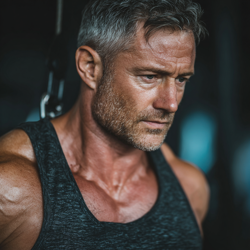 Mature athletic man performing strength training with focused determination in professional gym environment